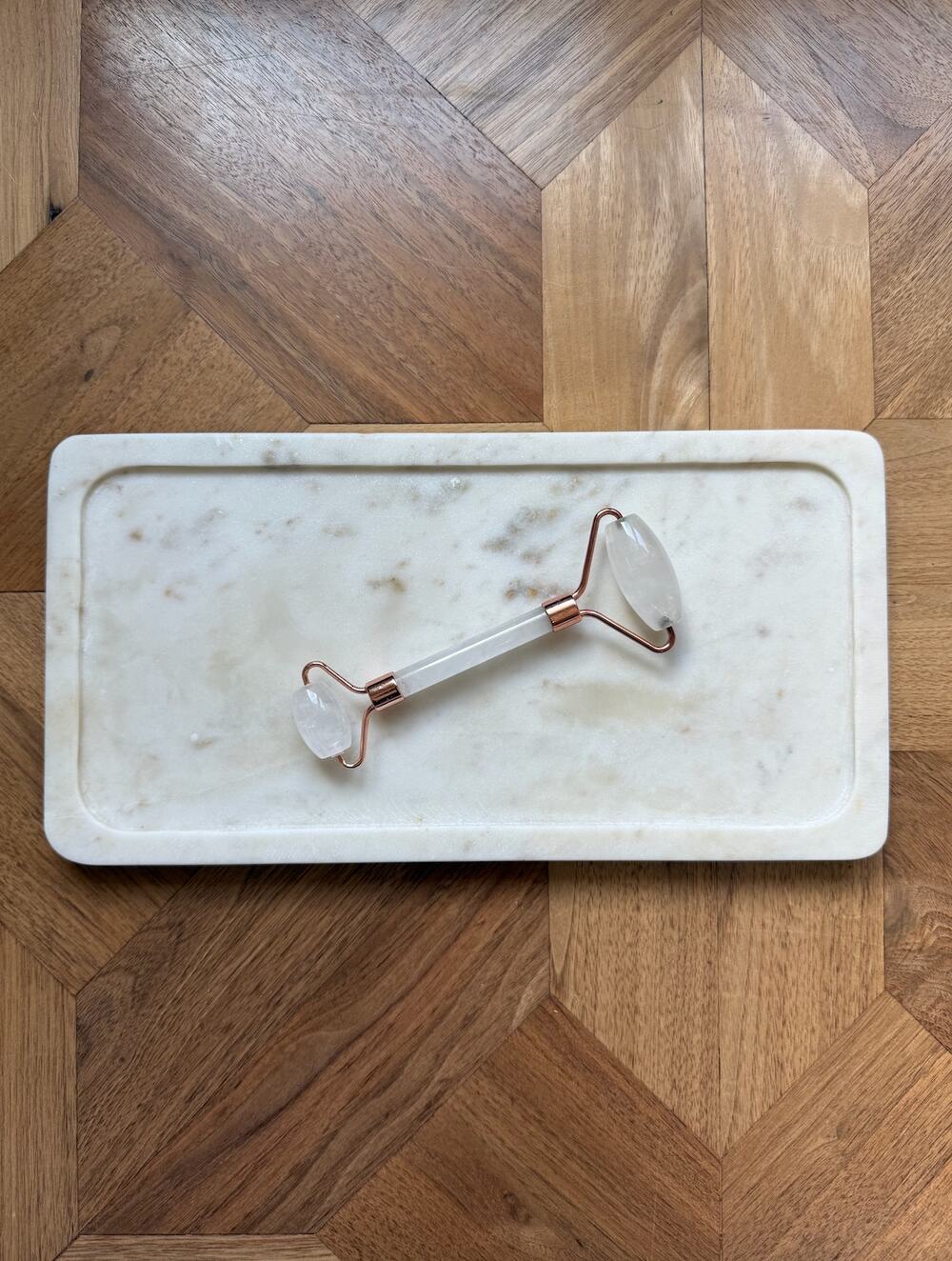Marble Vanity Tray & Rose Quartz Facial Roller Set – Spa Self-Care Bundle